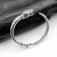 กำไลถักเปีย หัวรูปอสรพิษประดับพลอยแท้ กำไลเงินแท้ 925 : DSP 925 Sterling Silver Braided Bracelet [BRG0125]