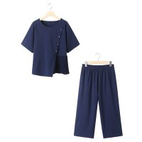 【มีไซส์ใหญ่】Plus Size XL-4XL Womens Short Sleeve 2 Pieces Summer Sets Ladies Solid Color Chiffon Summer Top + Ankle Pants Female Suits