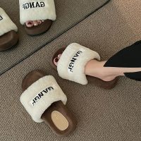 Furry slippers for womens outer wear 2023 new autumn Korean version thick-soled heightening graffiti small autumn and winter cotton slippers 【JYUE】