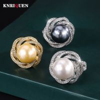 Luxury 14MM White Black Big Pearl Adjustable Flower Rings For Women Lab Diamond Cocktail Party Fine Jewelry Statement Wholesale