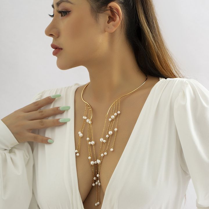 gexing-ornaments-diezi-elegant-imitation-pearl-long-tassel-torques-สำหรับผู้หญิงสีขาวสีดำ-pearl-choker-statement-chain-collar-สร้อยคอเครื่องประดับใหม่