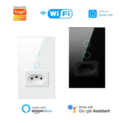 Tuya WiFi Smart Touch Light Switch Socket 20A Brazil Smart Wall Plug Smart Home Works With Smart Life Voice Via Alexa Google Electrical Connectors