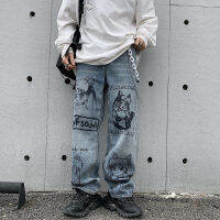 Jeans Trousers Mens nd Clothing Cartoon Anime Print Harajuku Men Pants Casual Fashion Graffiti Loose Streetwear Ropa Hombre