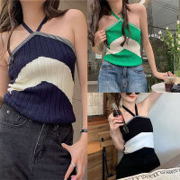 hanshi [HOT FASHION] เกาหลีแฟชั่นผู้หญิง TANK Tops เซ็กซี่แขนกุด backless striped Halter ถักชุดชั้นใน