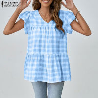 MOMONACO ZANZEA เสื้อยืดคอวีแขนสั้นผู้หญิง Grid Plaid Layered Beach Tops Blouse #15