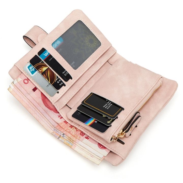 tri-fold-short-women-wallets-with-coin-zipper-pocket-minimalist-frosted-soft-leather-ladies-purses-female-pink-small-wallet