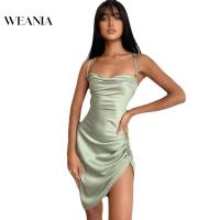 WEANIA Backless Draped Split Thigh Satin Dress