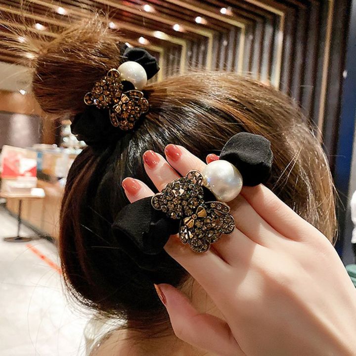 HUIHEYU Elastic Hair Accessories Retro Elegant Satin Bear Hair Rope Female  Scrunchies Korean Style Hair Circle Pearl Hair Circle | Lazada