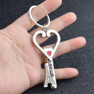 Simulated Eiffel Tower Heart Shape Bottle Opener Keychain Holder Metal Silver Color Key Chains For Men Women Business Gift