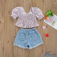 ZHY-Girl Short Sleeve Tops, Shorts Suit, Floral Lace Up Ruffle Summer Shirt Denim Ripped Pants 9113