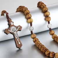 【CW】☜  Diyalo Wood Beads Rosary Necklace Benedict Medal Crucifix Catholic Prayer Jewelry