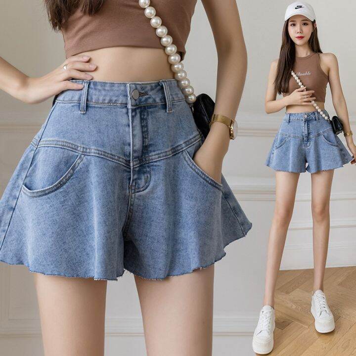 summer-fashion-elegant-temperament-design-flared-skirt-loose-high-waist-wide-leg-ruffle-denim-shorts-female-trend-street-style