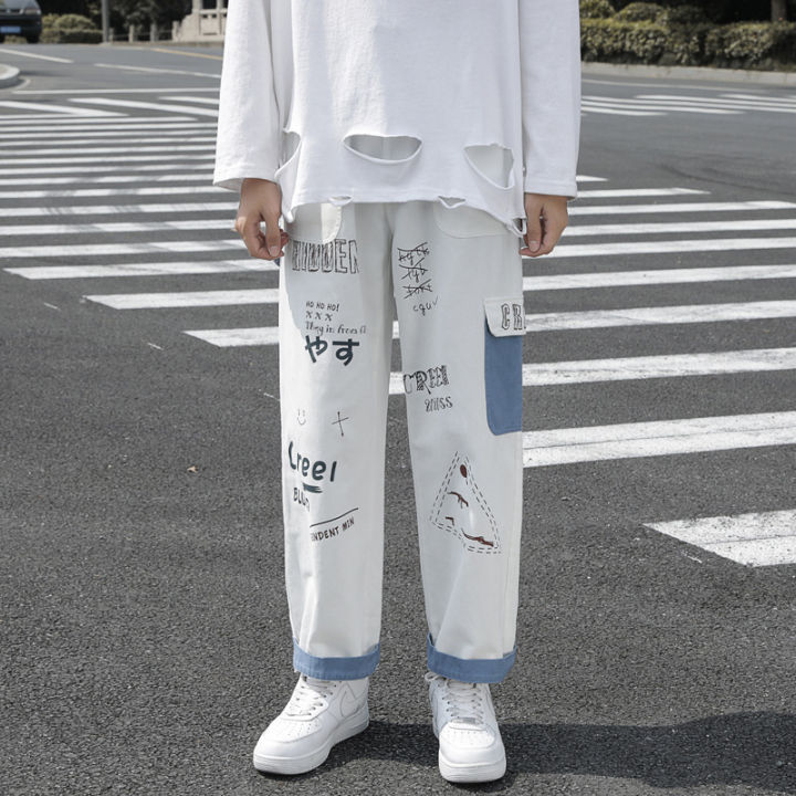 พิมพ์ฮิปฮอปตรงกางเกงยีนส์ผู้ชายถุงสบายๆขากว้างเกาหลีฮาราจูกุแฟชั่นสตรีกระเป๋ากางเกงยีนส์ชาย
