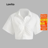 COD dhdfxcz Lovito Casual Plain Ruched Collar Basic Women Blouse L45AD015(White)