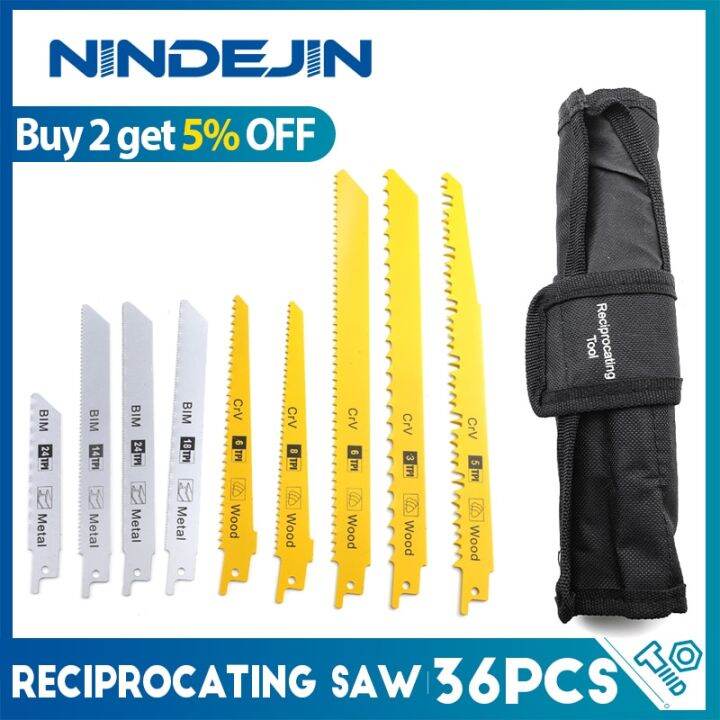 nindejin-36pcs-jigsaw-blade-set-100-230mm-reciprocating-saw-blades-for-ตัดไม้-pvc-saber-saw-blade-with-organizer-pouch