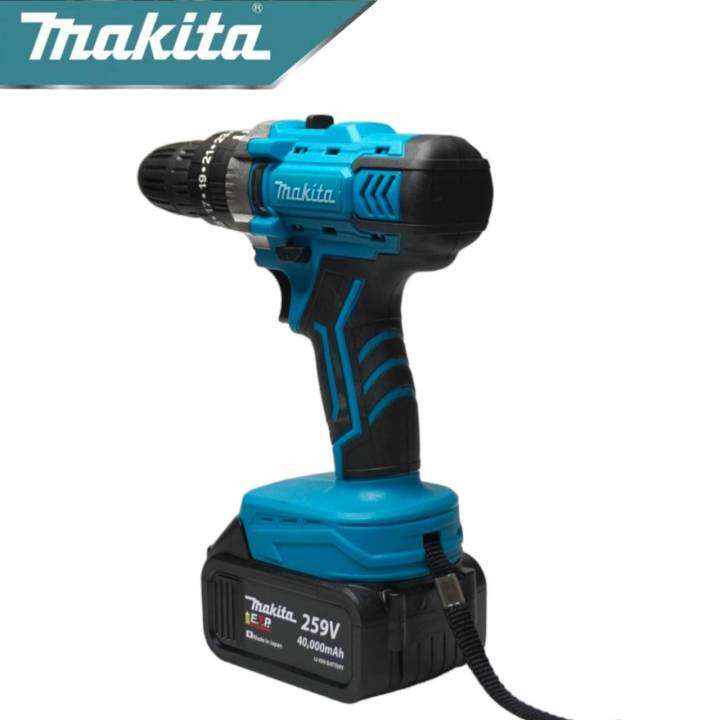 makita-สว่านไร้สาย-259v-3ระบบ-เจาะเหล็ก-เจาะคอนกรีต-ขันน็อตสกรู-เจาะกระแทกได้-พร้อมอุปกรณ์-งานเทียบ