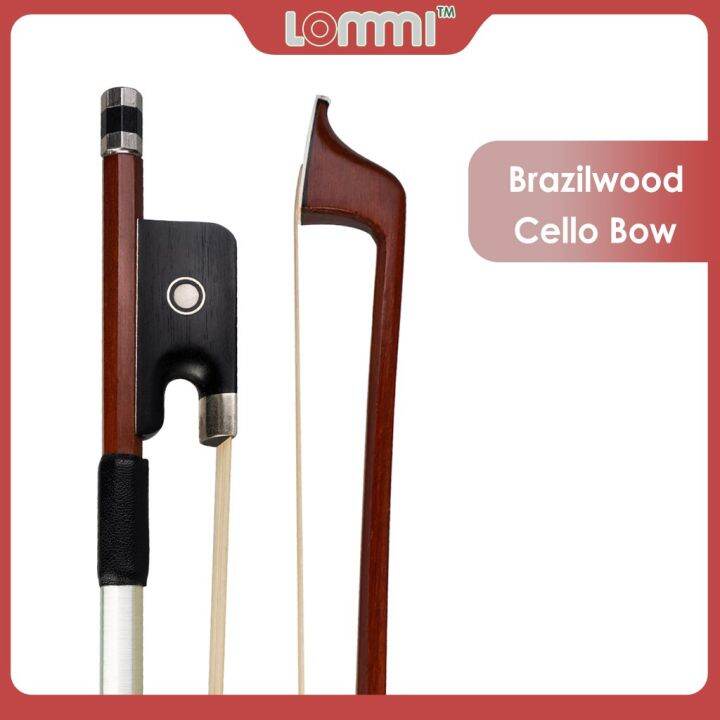 lommi-4-4-cello-bow-octagonal-brazilwood-stick-white-horse-hair-silver-wrapping-ebony-frog-w-parisian-eye-inlay-student-bow