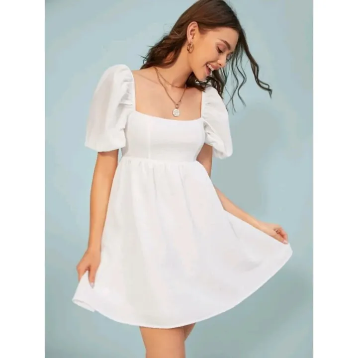 square neck puff sleeve dress white