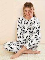 geegostudio Cartoon Panda Print Pajama Set, Long Sleeve Crew Neck Top &amp; Elastic Waistband Pants, Womens Sleepwear &amp; Loungewear