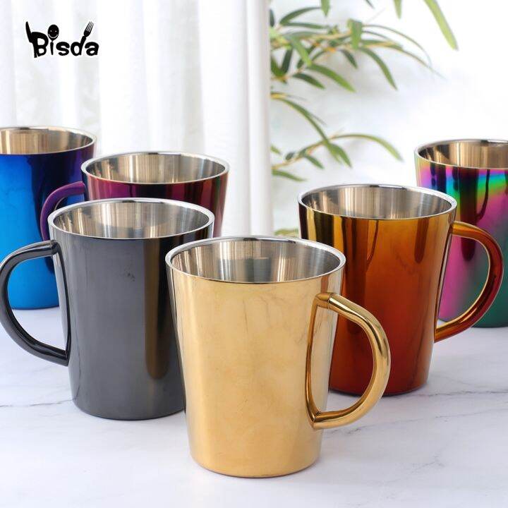 high-end-cups-300มิลลิลิตรสแตนเลสแก้วกาแฟถ้วยนมแบบพกพาที่มีการจัดการผนังสองสายรุ้งถ้วยแก้วเดินทางนมชาแก้ว