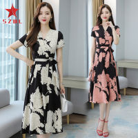 SZWL Women Dress Floral Printing V-neck Short Sleeve High Waist Mid-length A-line Skirt