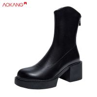 AOKANG รองเท้าบูทส้นสูงสำหรับผู้หญิง,Sepatu BOOT Pendek ส้นสูงแบบใหม่สำหรับผู้หญิงรองเท้าบู๊ทบางส้นหนารองเท้าบูทฤดูใบไม้ผลิและฤดูใบไม้ร่วงรองเท้าบูท Martin ยอดนิยม