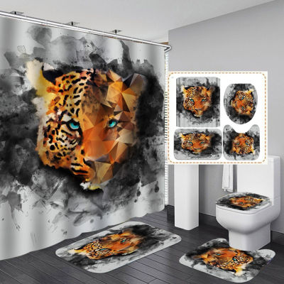 4pcsset Series Shower Curtain Waterproof Bathtub Shower Curtain Non-slip Bathroom Floor Mat Bathroom Animal Carpet Tiger Pad