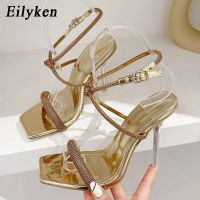 Eilyken New Fashion Square Toe Women Sandals 2023 Summer Sexy Crystal High Heels Buckle Strap Stripper Ladies Shoes