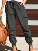 Women Pockets Casual Pants Fashion Solid Overalls Mid Waist Drawstring Loose Cargo Pants Streetwear Casual Trousers