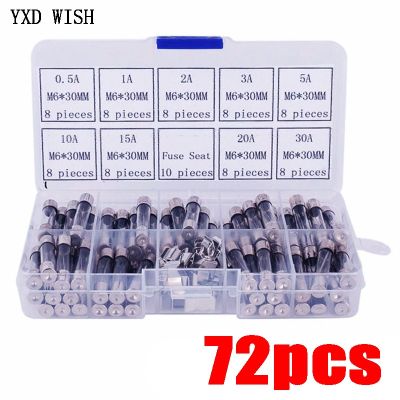 72pcs 6x30mm Fuse Assorted Kit Fast-Blow Glass Fuses 0.5A 1A 2A 3A 5A 10A 15A 20A 30A AMP Quick Blow Car Glass Tube Fuses Set Fuses Accessories