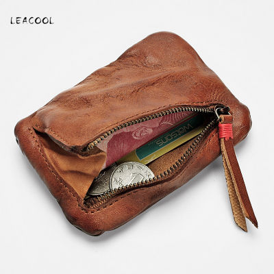 LEACOOL Vintage Mens Genuine Leather Mini Coin Purse Card Case Holder Wallet Clutch Male Short Zipper Small Change Bag