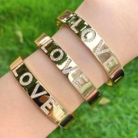 3Pcs, Metal cz pave gold Letter bangle cuff custom flat wide bracelet gift for girl friend friendship luckey fashion