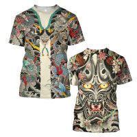 2023 New Samurai Tattoo Mens T-shirt 3D Printing Art Mask Tattoo Fashion Short Sleeve T-shirt Harajuku Punk Style Ladies Unisex