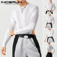 Beehoo INCERUN บอดี้สูทตาข่ายสำหรับผู้ชาย,บอดี้สูทลำลอง Jumpsuit แขนยาวงานเย็บปะผ้าตาข่าย (เสื้อผ้าลำลอง)