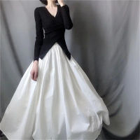 Vintage White  Autumn Female Long Skirts Women Korean Style High Waist Pleated Skirt Office Lady Wild Solid Color Midi Skirt