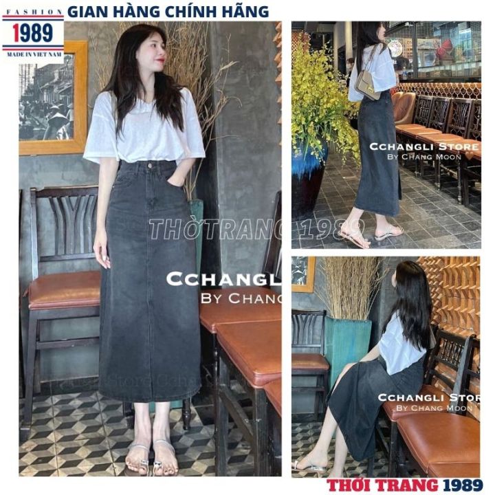 Chân váy jeans bút chì suông rua chỉ màu đen