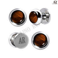 ANGELINO RUFOLO Tuxedo Studs ดีไซน์ Tigerseye Circle กระดุมทักซิโด้โรเดียมคุณภาพเยี่ยม ตัวเรือนสีเงิน ประดับตกแต่งด้วย Tigerseye