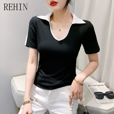 REHIN เสื้อยืดผู้หญิงแขนสั้นคอวีเสื้ออเนกประสงค์คอวีดีไซน์แฟชั่นสไตล์เกาหลีแบบใหม่ฤดูร้อน