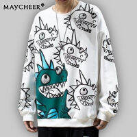 MAYCHEER เสื้อสเวตเตอร์สวมหัวลายไดโนเสาร์ของผู้ชาย,เสื้อยืดแขนยาวทรงโอเวอร์ไซซ์