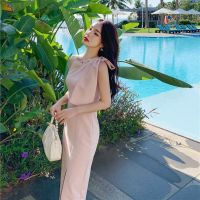 Summer Thai design perceptual feeling bowknot inclined shoulder cultivate ones morality show thin split in the dress sleeveless dress dress