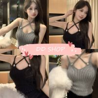 DD SHOPพร้อมส่ง 11528 เสื้อสายเดี่ยวไหมพรม ดีเทลเพิ่มสายคล้องคอ ขนมุ้งมิ้งน่ารักมาก