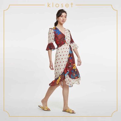 Kloset Design Polka Dot Ruffle Midi Dress (RS20-D006) เดรสผ้าชีฟอง เดรชผ้าพิมพ์ เดรสแฟชั่น เดรสตัดต่อ2สี