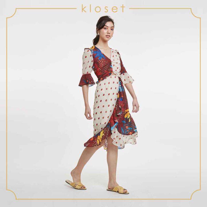 kloset-design-polka-dot-ruffle-midi-dress-rs20-d006-เดรสผ้าชีฟอง-เดรชผ้าพิมพ์-เดรสแฟชั่น-เดรสตัดต่อ2สี