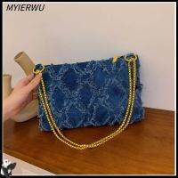 MYIERWU ตอนเย็นในตอนเย็น กระเป๋าถือแบบถือ เดนิมเดนิม จุได้มาก กระเป๋า Crossbody พร้อมห่วงโซ่ พู่พู่ห้อย กระเป๋าสะพายไหล่แบบสั้น สำหรับผู้หญิง