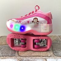 Roller Skate รองเท้าสเก็ต โรลเลอร์เบลด มีไฟ รองเท้าสเก็ต พับล้อได้ รองเท้า 4 ล้อ ลายเด็กผู้หญิงสีชมพู Roller Blade รองเท้าสเก็ตเด็ก รองเท้าสเกต