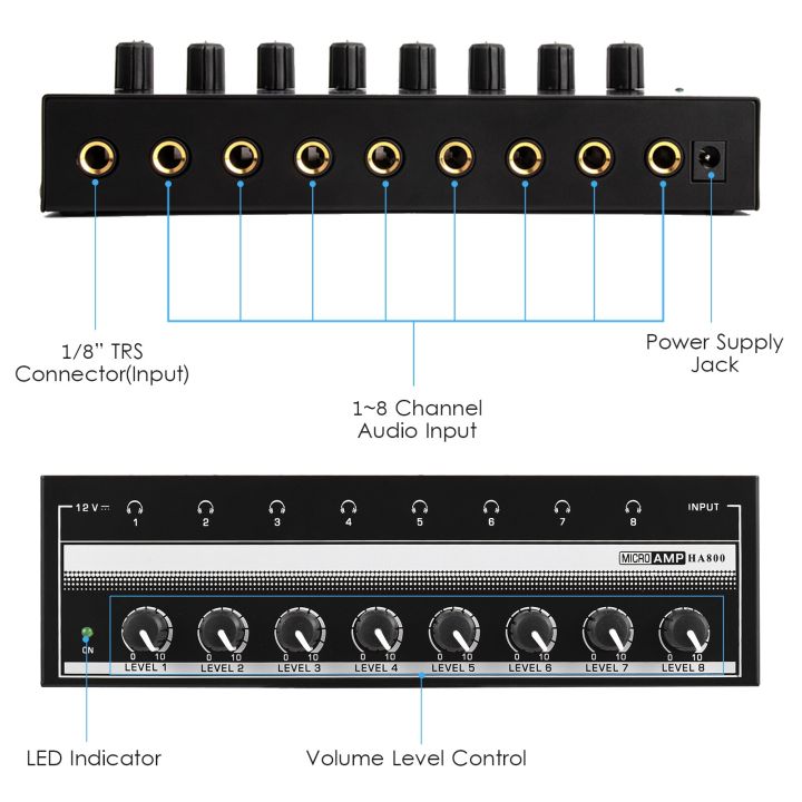 แอมป์เสียงเครื่องขยายเสียงหูฟัง-ha800อัลตร้าคอมแพค8ช่องมินิเสียงสเตอริโอไมโครโฟนแอมป์พร้อมอะแดปเตอร์ไฟ