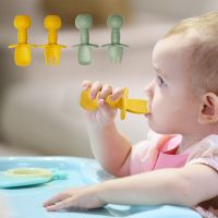 Baby Silicone Short Handle Fork Spoon Set Infant Training To Prey on Soft Utensils Toddler Feeding Teeth Grinding Accessories Bowl Fork Spoon Sets