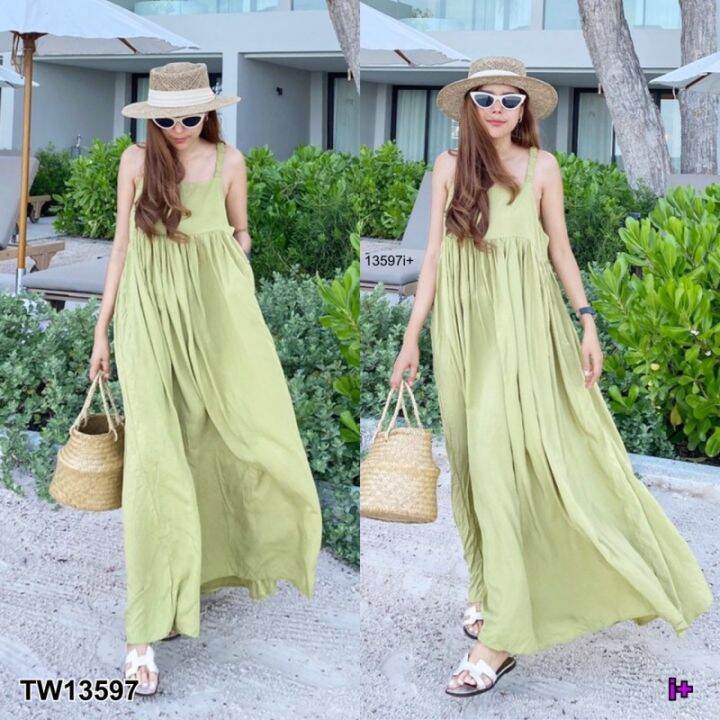 Garden Clothes ชุดเดรส เดรสยาวสายเดี่ยวเย็บรูดใต้อก สีเขียว Lazada.co.th
