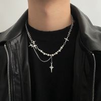 Kpop Zircon Cross Star Beaded Necklace Men Unisex Hiphop Imitation Pearl Star Pendant Necklaces Y2K Geometric Tassel Necklace Fashion Chain Necklaces