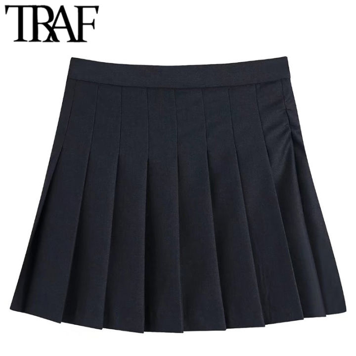 traf-women-fashion-box-pleat-shorts-skirts-vintage-high-waist-side-zipper-female-skirts-mujer